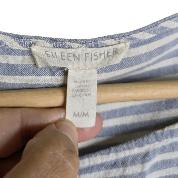 Eileen Fisher Top Medium Blue Striped Pullover Boxy Hemp Organic Cotton Cap Slee - Picture 4 of 8